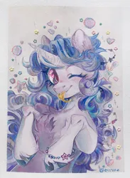 Size: 2858x3915 | Tagged: safe, artist:glastalinka, derpibooru import, izzy moonbow, pony, unicorn, :p, bracelet, bubble, bust, chest fluff, curly mane, cute, ear fluff, female, fluffy mane, g5, glitter, heart, hooves, image, jewelry, jpeg, looking at you, mare, one eye closed, portrait, shiny, smiling, smiling at you, solo, stars, tongue out, traditional art, watercolor painting, wink, winking at you