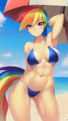 Size: 864x1536 | Tagged: suggestive, derpibooru import, editor:sammykun, machine learning generated, novelai, stable diffusion, rainbow dash, human, equestria girls, abs, athletic, beach, belly button, bikini, breasts, busty rainbow dash, clothes, cloud, female, humanized, image, looking at you, midriff, ocean, png, sand, sexy, solo, stupid sexy rainbow dash, sultry pose, swimsuit, toned, toned female, umbrella, water