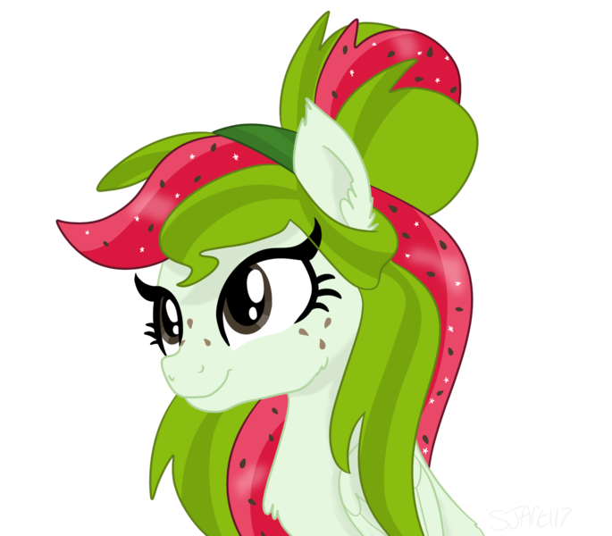 Size: 1876x1644 | Tagged: safe, artist:sjart117, derpibooru import, oc, oc:watermelana, unofficial characters only, pegasus, pony, bust, chest fluff, ear fluff, female, freckles, image, mare, pegasus oc, png, portrait, simple background, smiling, solo, transparent background, wings