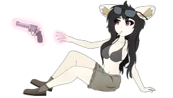 Size: 3840x2160 | Tagged: safe, artist:straighttothepointstudio, derpibooru import, oc, unofficial characters only, anthro, earth pony, 4k, aiming, anime, anthro oc, black hair, boots, bra, candy, clothes, digital art, ear fluff, earth pony oc, eyebrows, eyebrows visible through hair, female, food, g5, glasses, glow, gun, handgun, high res, human facial structure, image, levitation, lollipop, long hair, magic, magic aura, pistol, png, revolver, shoes, shorts, simple background, solo, telekinesis, transparent background, underwear, weapon