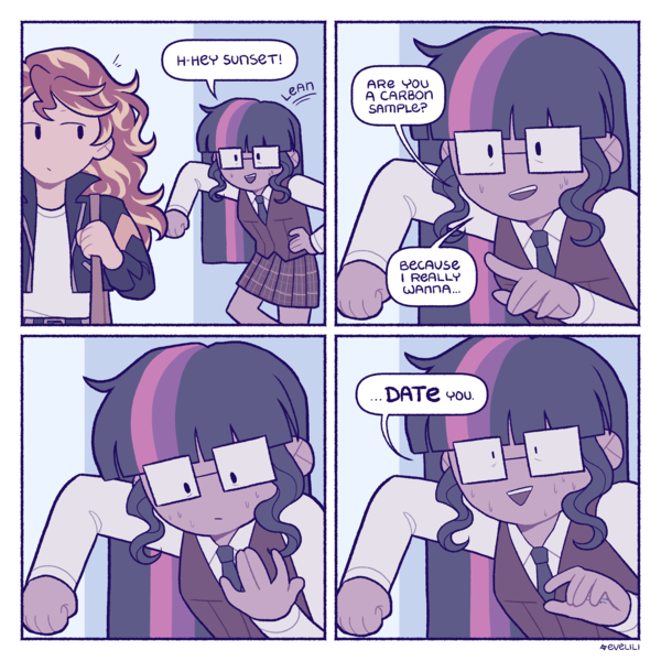 Size: 3000x3000 | Tagged: safe, artist:evelili, derpibooru import, sci-twi, sunset shimmer, twilight sparkle, human, equestria girls, 4 panel comic, 4koma, adorkable, clothes, comic, crystal prep academy uniform, cute, dark skin, dork, female, flirting, glasses, image, lesbian, nervous sweat, pickup lines, png, school uniform, scitwishimmer, shipping, speech bubble, subtle as a train wreck, sunsetsparkle, sweat, tan skin, text