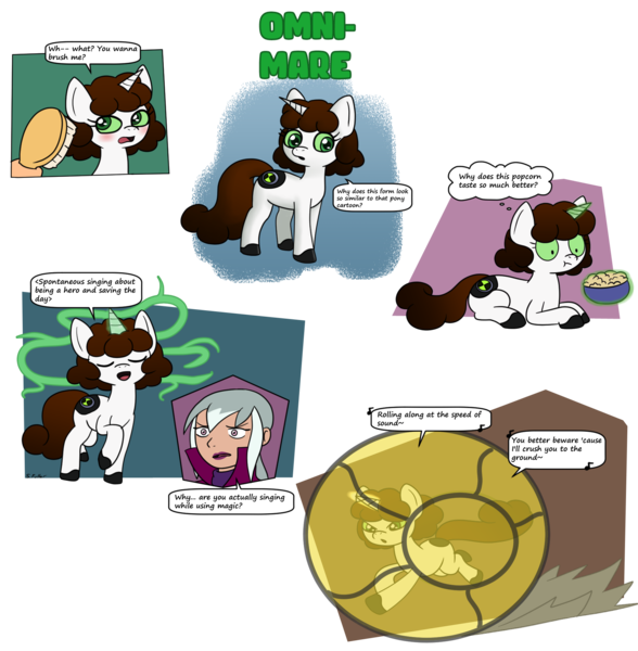 Size: 1863x1900 | Tagged: safe, artist:usaritsu, derpibooru import, ponified, human, pony, unicorn, alternate universe, ben 10, ben tennyson, blushing, brush, charmcaster, colt, comic, crossover, cutie mark, dialogue, eyelashes, eyes closed, femboy, foal, food, glow, glowing horn, green sclera, hairbrush, hamster ball, horn, image, levitation, lying down, magic, male, omnitrix, open mouth, open smile, pinpoint eyes, png, popcorn, prone, raised hoof, rolling, running, simple background, singing, smiling, speech bubble, telekinesis, thought bubble, transparent background