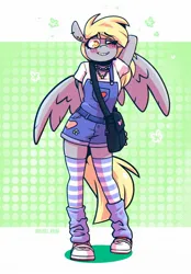 Size: 1423x2048 | Tagged: safe, artist:lrusu, derpibooru import, derpy hooves, anthro, pegasus, bag, belt, blushing, clothes, converse, cute, derpabetes, ear piercing, earring, female, grin, image, jewelry, jpeg, leg warmers, necklace, one eye closed, overalls, piercing, shirt, shoes, shorts, smiling, socks, solo, stockings, striped socks, t-shirt, thigh highs, wink