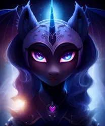 Size: 1280x1536 | Tagged: safe, derpibooru import, editor:nightluna, machine learning generated, purplesmart.ai, stable diffusion, nightmare moon, pony, bat wings, clothes, ear fluff, eyebrows, eyelashes, female, glow, heart, helmet, image, jpeg, looking at you, mare, solo, wings