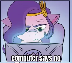 Size: 710x622 | Tagged: safe, derpibooru import, edit, idw, pipp petals, pegasus, pony, my little pony: a new generation, spoiler:comic, spoiler:g5comic, spoiler:g5comic04, caption, chair, computer, cropped, female, floppy ears, frown, g5, headdress, image, image macro, jpeg, laptop computer, little britain, mare, pipp petals is not amused, solo, text, unamused