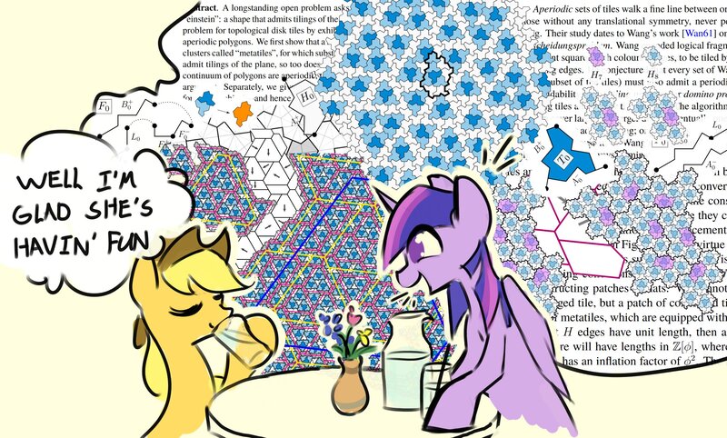 Size: 2400x1446 | Tagged: safe, artist:adamscage, derpibooru import, applejack, twilight sparkle, twilight sparkle (alicorn), alicorn, earth pony, pony, adorkable, cute, dork, drinking, excited, eyes closed, fancy mathematics, female, glass, hoof hold, image, infodump, jpeg, jug, mare, math, monotile, no pupils, open mouth, simple background, sitting, smiling, speech bubble, table, tan background, text, thought bubble, topology, twiabetes, wall of text, wide eyes