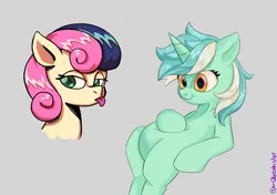 Size: 1414x993 | Tagged: safe, artist:queakster, derpibooru import, bon bon, lyra heartstrings, sweetie drops, earth pony, pony, unicorn, :p, duo, female, gray background, image, jpeg, meme, simple background, sitting, sitting lyra, tongue out
