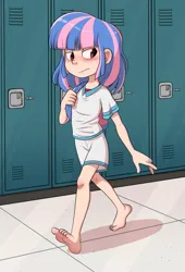 Size: 1151x1690 | Tagged: safe, artist:padoga, derpibooru import, wind sprint, human, backpack, barefoot, barefooting, clothes, commission, feet, female, humanized, image, lockers, png, school, shirt, shorts, solo, walking