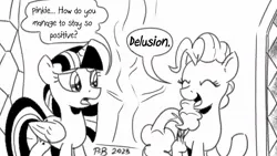 Size: 1200x675 | Tagged: safe, artist:pony-berserker, derpibooru import, pinkie pie, twilight sparkle, delusion, duo, duo female, eyes closed, female, image, jpeg, pony-berserker's twitter sketches, pony-berserker's twitter sketches (2023), twilight's castle