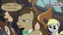 Size: 1920x1080 | Tagged: safe, derpibooru import, edit, edited screencap, screencap, derpy hooves, doctor whooves, time turner, slice of life (episode), doctor who, doctor whooves' lab, image, implied dalek, offscreen character, png, speech bubble, uh oh