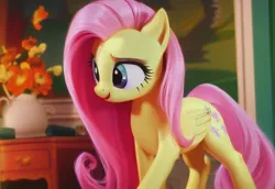 Size: 744x512 | Tagged: safe, derpibooru import, machine learning generated, screencap, stable diffusion, fluttershy, pegasus, pony, background, big eyes, blue eyes, blurry background, cartoon, cute, detailed, detailed hair, eyes open, fake, flower, hair, image, pink hair, png, quality, realistic, room, solo, television, vhs, watching, wool