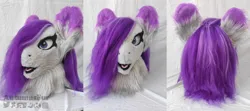 Size: 3750x1667 | Tagged: safe, artist:autumnsfur, derpibooru import, oc, oc:glitter stone, unofficial characters only, anthro, earth pony, pony, anthro oc, behind, bust, clothes, cosplay, costume, eyelashes, female, fur, furry, fursuit, image, irl, looking at you, photo, png, ponysona, ponysuit, portrait, purple eyes, purple hair, purple mane, signature, simple background, watermark
