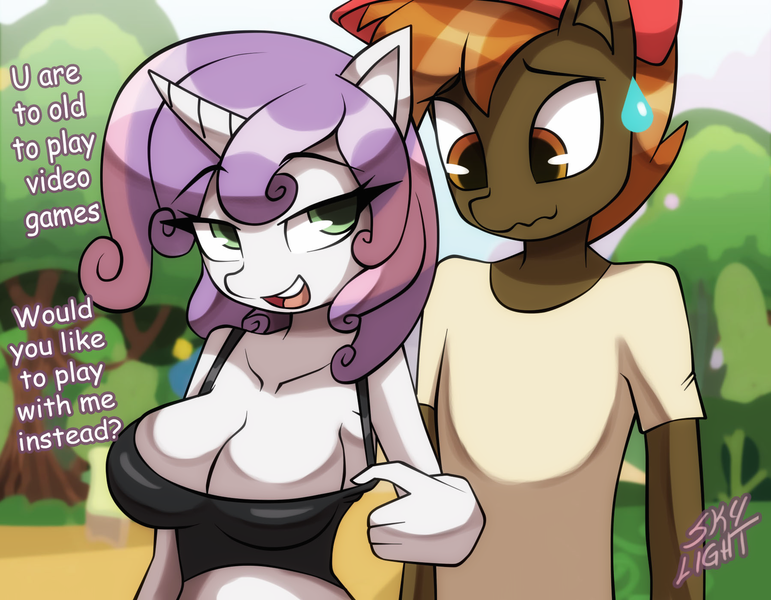 Size: 1800x1400 | Tagged: suggestive, artist:skylight, derpibooru import, button mash, sweetie belle, anthro, earth pony, unicorn, beanie, bedroom eyes, belly, big breasts, breasts, busty sweetie belle, cleavage, clothes, curly hair, dialogue, ears, eyebrows, eyelashes, female, flirting, grammar error, green eyes, halter top, hat, horn, image, looking at each other, looking at someone, male, midriff, nervous, outdoors, park, png, shipping, shirt, shirt pull, short hair, short shirt, snout, straight, sweat, sweatdrop, sweetiemash, unicorn horn, wide eyes