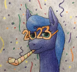 Size: 2048x1928 | Tagged: safe, artist:antnoob, artist:lightsolver, derpibooru import, princess luna, pony, 2023, colored, female, happy new year, holiday, image, jpeg, looking at you, mare, missing horn, party horn, solo, traditional art