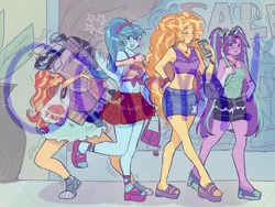 Size: 1400x1050 | Tagged: safe, artist:dulcesilly, derpibooru import, adagio dazzle, aria blaze, sonata dusk, sunset shimmer, human, equestria girls, bag, bracelet, breasts, clothes, drink, drinking straw, ear piercing, earring, food, gem, heavy, image, jewelry, jpeg, keychain, kirby (series), necklace, obtrusive watermark, piercing, plant, purse, sale, shaking, shoes, shopping, shopping bag, siren gem, skirt, taco, the dazzlings, watermark