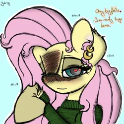 Size: 1480x1480 | Tagged: safe, artist:johrnyreport, derpibooru import, part of a set, fluttershy, pegasus, pony, blushing, blushing profusely, clothes, colored, cutie mark, drunk, ear fluff, heart, heart eyes, image, long sleeved shirt, long sleeves, png, shirt, smiling, text, vulgar, wingding eyes