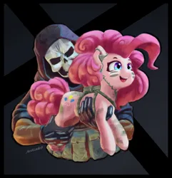Size: 1480x1535 | Tagged: safe, artist:justgaduh, derpibooru import, pinkie pie, earth pony, human, pony, ammunition belt, call of duty, call of duty: ghosts, crossover, cute, diapinkes, duo, earpiece, face paint, female, harness, holding a pony, hood, image, mare, open mouth, open smile, png, skull, skull mask, smiling, tack