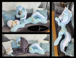 Size: 1280x971 | Tagged: safe, artist:purplenebulastudios, derpibooru import, lyra heartstrings, pony, unicorn, clothes, dig the swell hoodie, hoodie, image, irl, jpeg, life size, lying down, photo, plushie, prone, solo, sploot