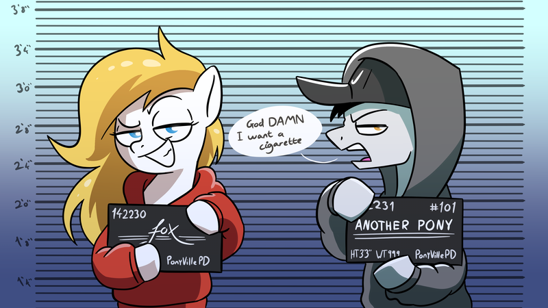 Size: 3840x2160 | Tagged: safe, artist:notfocks, derpibooru import, oc, oc:ap, oc:fox, earth pony, pegasus, pony, annoyed, cigarette, clothes, crime, hoodie, image, looking at you, mugshot, png, prison, smiling, smirk