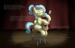 Size: 1600x1036 | Tagged: safe, artist:aleximusprime, derpibooru import, oc, oc:melody heartsong, unofficial characters only, pegasus, pony, fanfic:oh mother where art thou, flurry heart's story, cozy glow's mother, curtains, eyes closed, female, guitar, image, mare, musical instrument, pegasus oc, png, sitting, solo, spotlight, stage, stool, story included, text, wings