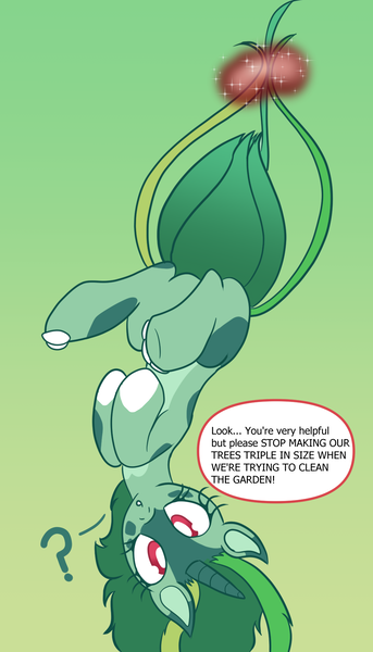 Size: 1096x1920 | Tagged: safe, artist:brybrychan, derpibooru import, ponified, bulbasaur, pony, eyelashes, female, gradient background, image, mare, png, pokémon, question mark, solo, talking, tentacles, upside down