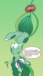Size: 1096x1920 | Tagged: safe, artist:brybrychan, derpibooru import, ponified, bulbasaur, pony, eyelashes, female, gradient background, image, mare, png, pokémon, question mark, solo, talking, tentacles, upside down