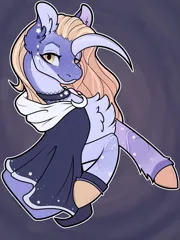 Size: 749x999 | Tagged: safe, artist:raydoodle, derpibooru import, oc, unofficial characters only, alicorn, pony, bust, chest fluff, choker, cloak, clothes, curved horn, ear fluff, female, horn, image, mare, png, smiling, solo