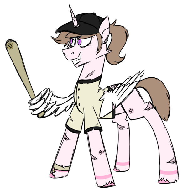 Size: 900x900 | Tagged: safe, artist:fuckomcfuck, derpibooru import, oc, oc:wisp, alicorn, pony, alternate universe, baseball bat, baseball cap, bracelet, bruised, cap, clothes, cracked horn, hat, horn, image, jersey, jewelry, png, scar, simple background, solo, the trotting dead, torn clothes, transparent background
