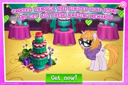 Size: 1964x1305 | Tagged: safe, derpibooru import, idw, official, touring wind, pony, unicorn, advertisement, bush, cake, clothes, cupcake, english, female, flower, food, gameloft, glasses, horn, idw showified, image, jpeg, mare, mobile game, my little pony: magic princess, present, scarf, table, text, vase