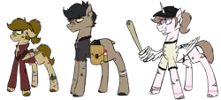 Size: 2000x900 | Tagged: safe, artist:fuckomcfuck, derpibooru import, oc, oc:doodles, oc:pog champ, oc:wisp, alicorn, earth pony, pegasus, pony, alternate universe, bag, bags under eyes, bandage, baseball bat, baseball cap, belt, bruised, cap, clothes, cracked horn, hat, height difference, horn, image, jacket, jersey, knife, no tail, png, scar, simple background, the trotting dead, torn clothes, torn ear, transparent background, trio