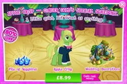 Size: 1964x1301 | Tagged: safe, derpibooru import, official, apple crisp, earth pony, pony, advertisement, apple, barrel, beard, bowtie, clothes, costs real money, english, facial hair, food, gameloft, hay bale, image, jpeg, male, mobile game, my little pony: magic princess, numbers, pear, sale, solo, solo focus, stallion, suit, text, tree