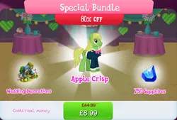 Size: 1270x857 | Tagged: safe, derpibooru import, official, apple crisp, earth pony, pony, apple, barrel, beard, bowtie, bundle, clothes, costs real money, english, facial hair, food, gameloft, hay bale, image, jpeg, male, mobile game, my little pony: magic princess, numbers, pear, sale, solo, solo focus, stallion, suit, text, tree