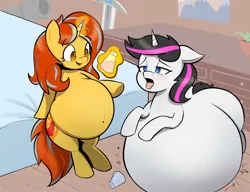 Size: 1562x1200 | Tagged: suggestive, artist:ahobobo, derpibooru import, oc, oc:cinderheart, oc:quick strike, unofficial characters only, pony, unicorn, bed, belly, belly bed, belly button, belly expansion, belly inflation, big belly, blushing, butt, butt expansion, chubby, commission, cute, female, females only, fetish, growth, horn, huge belly, image, impossibly large belly, inflation, levitation, magic, mare, moaning, moaning in pleasure, plant, png, potion, sitting, smiling, sword, telekinesis, the ass was fat, tongue out, unicorn oc, weapon, weight gain, wide hips