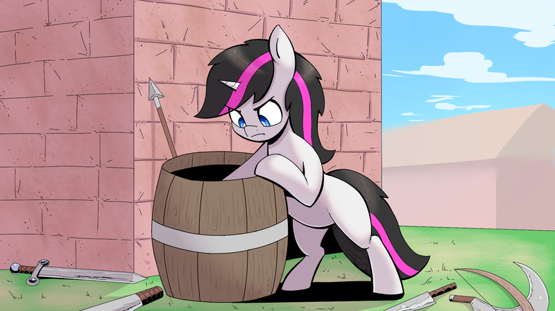 Size: 2085x1169 | Tagged: safe, artist:ahobobo, derpibooru import, oc, oc:quick strike, unofficial characters only, pony, unicorn, arrow, barrel, bow (weapon), bow and arrow, brick wall, commission, female, frustrated, horn, image, knife, mare, png, searching, sickle, solo, spear, sword, unicorn oc, wall, weapon