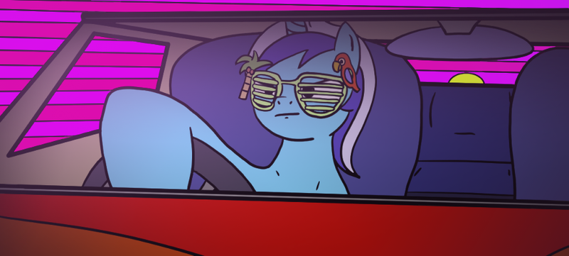 Size: 874x394 | Tagged: safe, artist:zan logemlor, derpibooru import, minuette, earth pony, pony, unicorn, car, female, glasses, horn, image, mare, outrun, png, shutter shades, sitting, solo, steering wheel, sunglasses