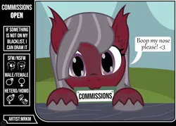Size: 2512x1801 | Tagged: safe, artist:mrkm, derpibooru import, oc, oc:cherry night, bat pony, pony, advertisement, bat pony oc, bat wings, boop request, commission info, cute, ear fluff, female, female symbol, hooves on the table, image, looking at you, male symbol, mare, mouth hold, png, speech bubble, unshorn fetlocks, wings