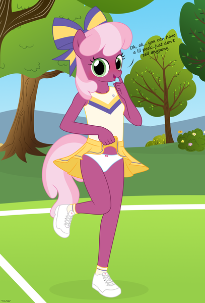 Size: 2546x3755 | Tagged: suggestive, artist:tolpain, banned from derpibooru, ponybooru import, cheerilee, anthro, earth pony, blushing, cheerleader, clothes, dialogue, female, image, lolicon, looking at you, outdoors, panties, panty shot, png, skirt, skirt lift, underage, underwear, younger