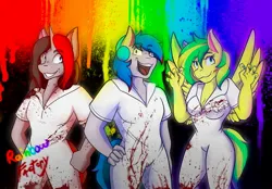 Size: 2048x1423 | Tagged: semi-grimdark, artist:mscolorsplash, derpibooru import, oc, oc:mic the microphone, oc:the living tombstone, oc:wooden toaster, unofficial characters only, anthro, earth pony, pegasus, pony, unicorn, fanfic:rainbow factory, blood, breasts, cleavage, description is relevant, fanfic art, female, grin, headphones, image, jpeg, male, mare, open mouth, open smile, remake, slasher smile, smiling, stallion, trio