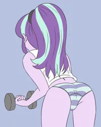 Size: 2362x2952 | Tagged: suggestive, artist:sumin6301, derpibooru import, starlight glimmer, equestria girls, ass, away from viewer, butt, clothes, dumbbell (object), female, high res, image, jpeg, panties, simple background, solo, solo female, tanktop, underwear, weight lifting, weights
