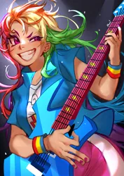 Size: 2480x3508 | Tagged: safe, artist:moto-1024, derpibooru import, rainbow dash, human, equestria girls, big grin, electric guitar, female, grin, guitar, high res, human coloration, image, musical instrument, png, smiling, solo