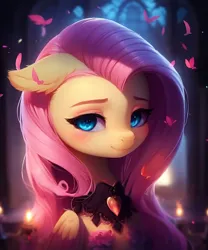 Size: 1280x1536 | Tagged: safe, derpibooru import, editor:nightluna, machine learning assisted, machine learning generated, purplesmart.ai, stable diffusion, fluttershy, pegasus, pony, cherry blossoms, clothes, ear fluff, eyebrows, eyelashes, female, flower, flower blossom, heart, image, jpeg, looking sideways, mare, one ear down, smiling, solo