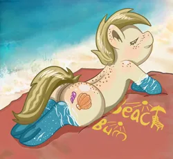 Size: 892x820 | Tagged: suggestive, artist:firehearttheinferno, artist:luciothelucario, derpibooru import, oc, oc:sand dollar, unofficial characters only, earth pony, pony, beach, beach babe, beach towel, blonde, blonde mane, blonde tail, blushing, butt, butt freckles, chair, coat markings, cute, cutie mark, digital art, ear freckles, eyes closed, female, freckles, image, jpeg, large butt, lawn chair, lying down, mane, mare, plot, raised tail, relaxing, sand, signature, smiling, socks (coat marking), solo, solo female, sun, tail, tanning, text, towel, water, wide hips