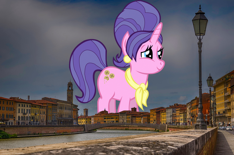 Size: 2047x1356 | Tagged: safe, artist:thebosscamacho, derpibooru import, edit, editor:jaredking779, cookie crumbles, pony, unicorn, clothes, ear piercing, female, giant pony, giant unicorn, giantess, highrise ponies, image, irl, italy, jewelry, jpeg, macro, mare, mega giant, photo, piercing, pisa, ponies in real life, scarf, smiling, solo