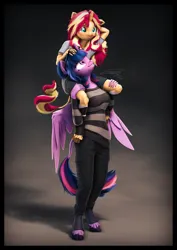 Size: 4000x5656 | Tagged: safe, artist:imafutureguitarhero, derpibooru import, sci-twi, sunset shimmer, twilight sparkle, twilight sparkle (alicorn), alicorn, anthro, classical unicorn, pony, unguligrade anthro, unicorn, 3d, :p, absurd resolution, adorkable, age regression, arm behind head, arm fluff, arm freckles, boots, border, cargo pants, cheek fluff, chin fluff, chromatic aberration, clothes, cloven hooves, colored eyebrows, colored eyelashes, cute, dork, duo, ear fluff, ear freckles, female, film grain, floppy ears, fluffy, fluffy hair, fluffy mane, fluffy tail, freckles, fur, glasses, glasses off, grin, hoof boots, hoof fluff, horn, image, jpeg, leg fluff, leg freckles, leonine tail, long hair, long mane, long nails, looking at someone, looking up, mama twilight, mare, multicolored hair, multicolored mane, multicolored tail, nose wrinkle, one ear down, paintover, pants, peppered bacon, piggyback ride, revamped anthros, revamped ponies, scitwilicorn, shadow, shimmerbetes, shirt, shoes, shorts, signature, smiling, socks, source filmmaker, striped sweater, sweater, tail, tongue out, twiabetes, unshorn fetlocks, vertical, wall of tags, wings, wings down, younger