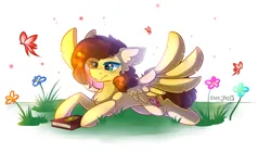 Size: 2560x1440 | Tagged: safe, artist:yuris, derpibooru import, oc, oc:yuris, butterfly, insect, pegasus, pony, floppy ears, gravity falls, image, journal #3, lies, png, simple background, smiling, solo, spread wings, wings