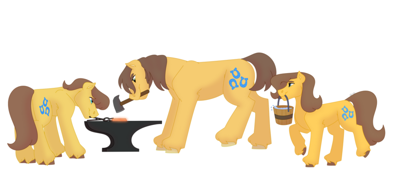 Size: 1280x569 | Tagged: safe, artist:itstechtock, derpibooru import, caramel, chance-a-lot, creme brulee, toffee, pony, anvil, image, png, simple background, transparent background