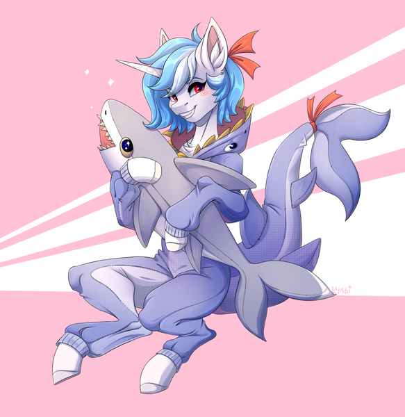 Size: 3589x3691 | Tagged: safe, artist:1an1, derpibooru import, oc, oc:clairvoyance, unofficial characters only, pony, shark, unicorn, animal costume, blushing, blåhaj, clothes, costume, ear fluff, female, femboy, girly, horn, image, kigurumi, male, mare, onesie, plushie, png, shark costume, shark plushie, sitting, smiling, solo, unicorn oc