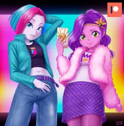 Size: 1000x1021 | Tagged: safe, artist:uotapo, derpibooru import, pipp petals, zipp storm, human, equestria girls, belly button, clothes, denim, equestria girls-ified, female, g5, g5 to equestria girls, generation leap, image, jacket, jeans, jpeg, midriff, mobile phone, pants, phone, royal sisters (g5), siblings, sisters, skirt, smartphone
