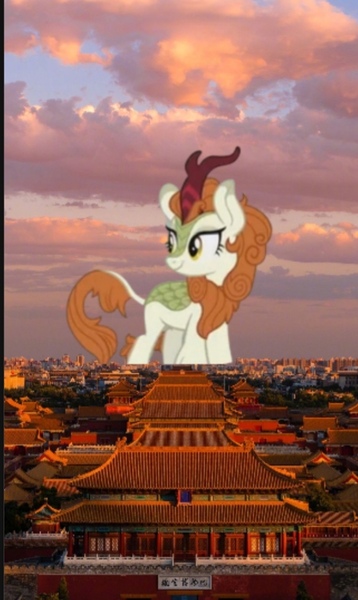 Size: 583x978 | Tagged: safe, artist:voshia, derpibooru import, edit, autumn blaze, kirin, pony, beijing, china, female, forbidden city, giant kirin, giant pony, giantess, highrise ponies, image, irl, jpeg, kirin in real life, macro, photo, ponies in real life, solo