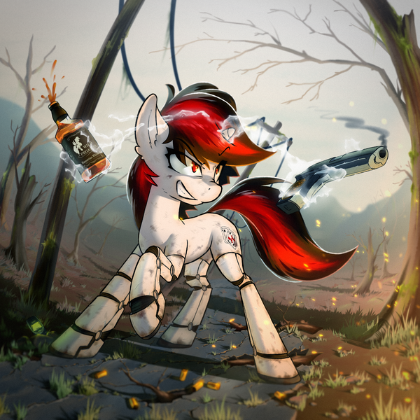 Size: 3000x3000 | Tagged: safe, artist:o0o-bittersweet-o0o, derpibooru import, oc, oc:blackjack, unofficial characters only, cyborg, cyborg pony, pony, unicorn, fallout equestria, fallout equestria: project horizons, alcohol, amputee, cybernetic legs, dead tree, dirty, ear fluff, embers, fanfic art, forest, grin, gun, handgun, image, magic, outdoors, pistol, png, prosthetic leg, prosthetic limb, prosthetics, smiling, smoke, solo, telekinesis, tree, wasteland, weapon, whiskey, wild pegasus
